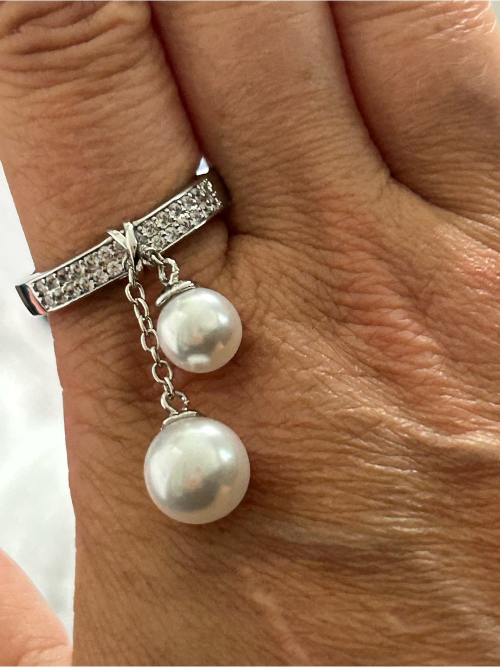 4/$50 Silver Pearl Drop Ring with Pavé Band